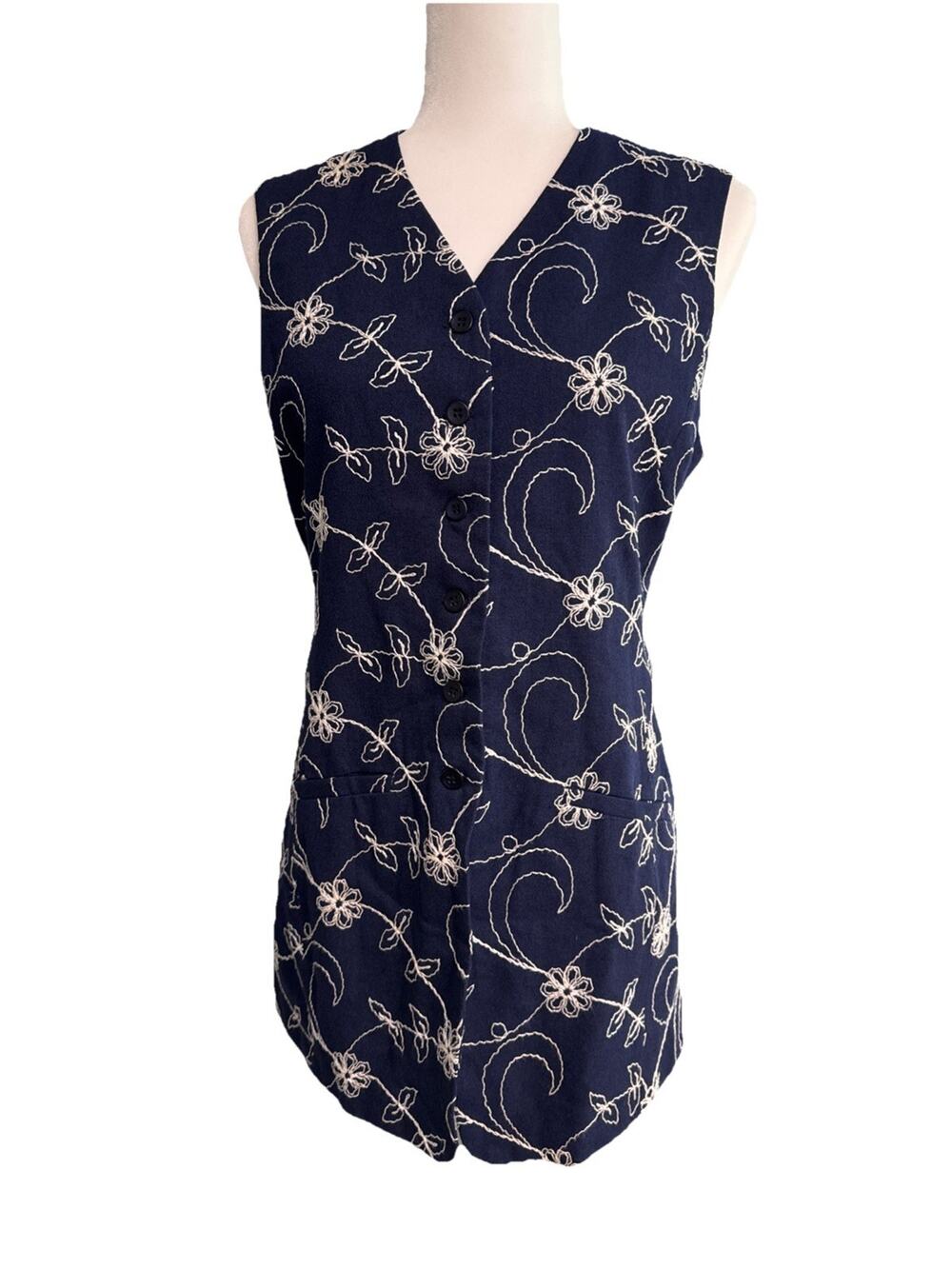 VTG The Limited Collection Long Vest Top Womens S Blue Ivory Floral Embroidery